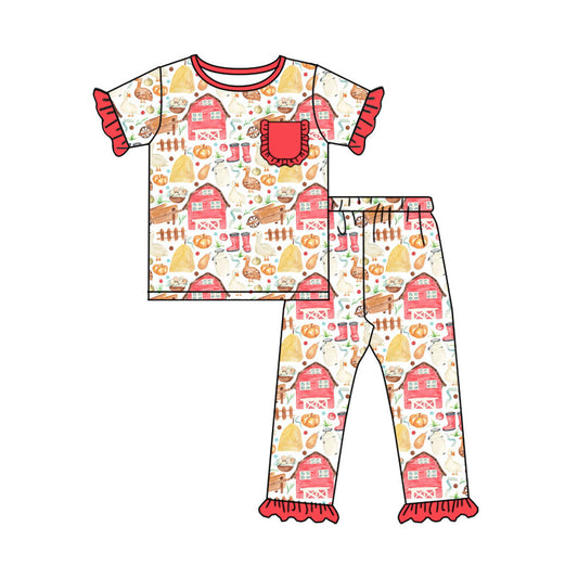 Preorder (moq 5)Baby Girls Short Sleeve Chicks Pocket Top Ruffle Pant Farm Pajamas Sets