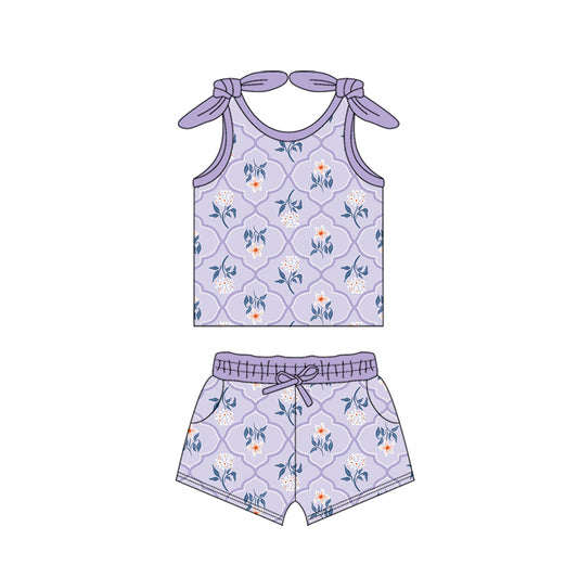 Preorder moq 5 Baby Girls Bows Sleeveless Lavender Flowers Top Pockets Short Set