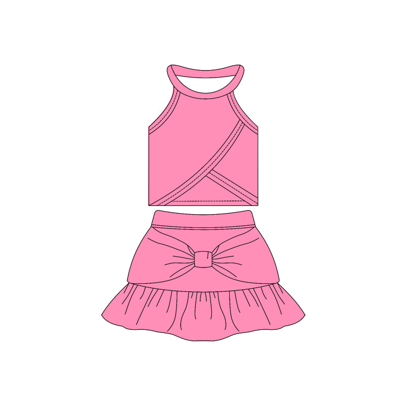 Preorder moq 10 Baby Girls Pink Sleeveless Vest Top Bow Ruffle Short Skirts Activity Wear Yoga Set