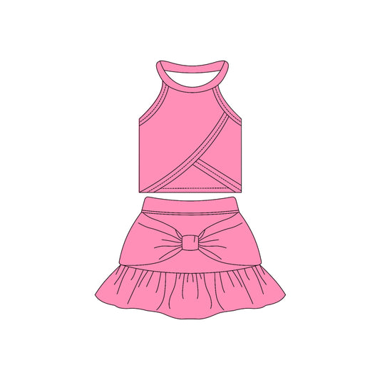 Preorder moq 10 Baby Girls Pink Sleeveless Vest Top Bow Ruffle Short Skirts Activity Wear Yoga Set