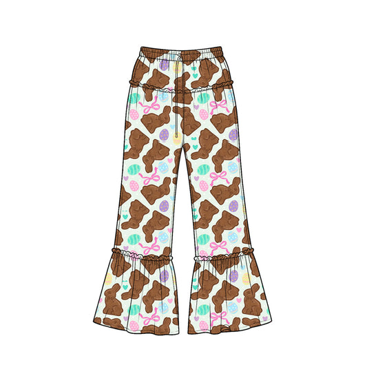Preorder (moq 5) Baby Girl Clothes Easter Chocolate Bunny Egg Print Ruffle Waist Ruffle Hem Flare Pants