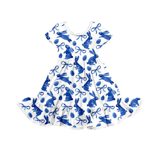 Preorder(moq 5) Baby Girls Blue Rabbits Eggs Bows Easter Ruffle Knee Length Dress