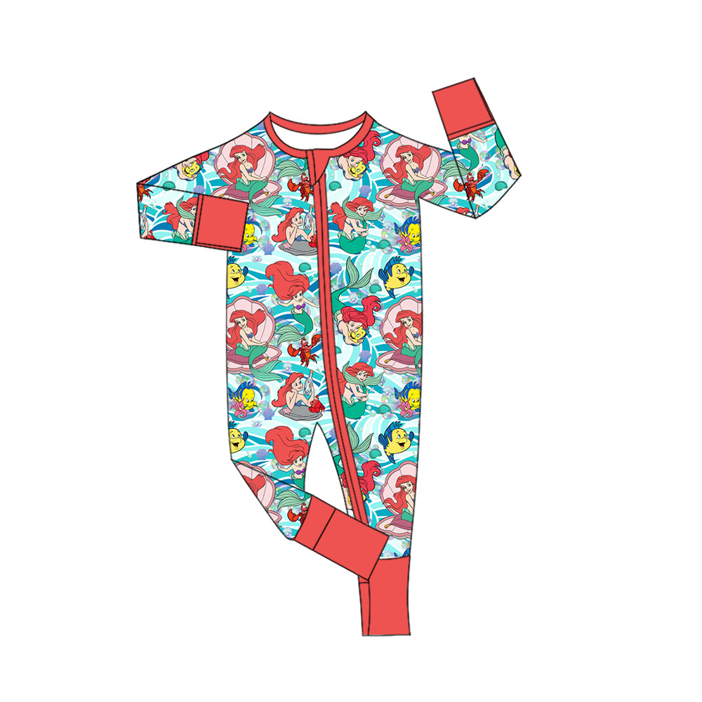 Preorder (moq 5)Baby Girls Cartoon Mermaid Zipper Footie Rompers