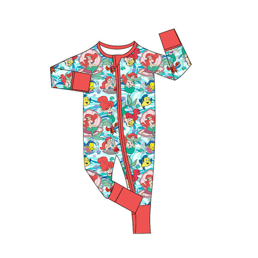 Preorder (moq 5)Baby Girls Cartoon Mermaid Zipper Footie Rompers