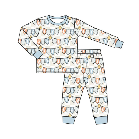 Preorder(moq 5) Baby Boys Blue Rabbits Chicks Flags Pants Easter Pajamas Sets