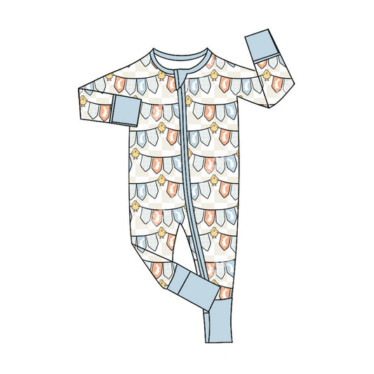 Preorder (moq 5)Baby Boys Blue Rabbits Chicks Flags Easter Two Way Zip Convertible Rompers