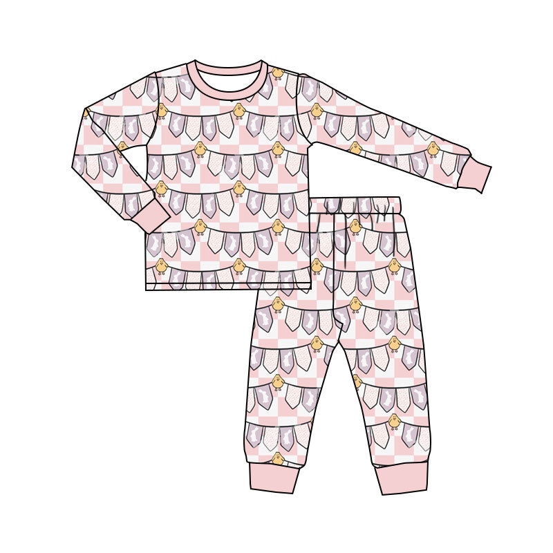 Preorder(moq 5) Baby Girls Pink Rabbits Chicks Flags Pants Easter Pajamas Sets