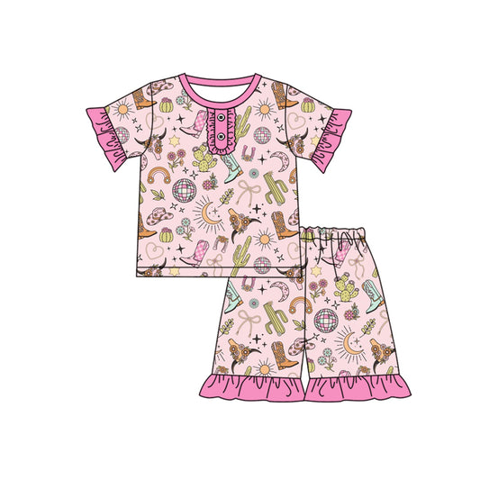 Preorder (moq 5)Baby Girls Pink Boots Cactus Button Shirt Ruffle Shorts Pajamas Clothes Sets