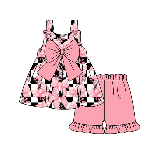 Preorder (moq 5)Baby Girls Checkered Bows Tunic Top Ruffle Shorts Clothes Sets