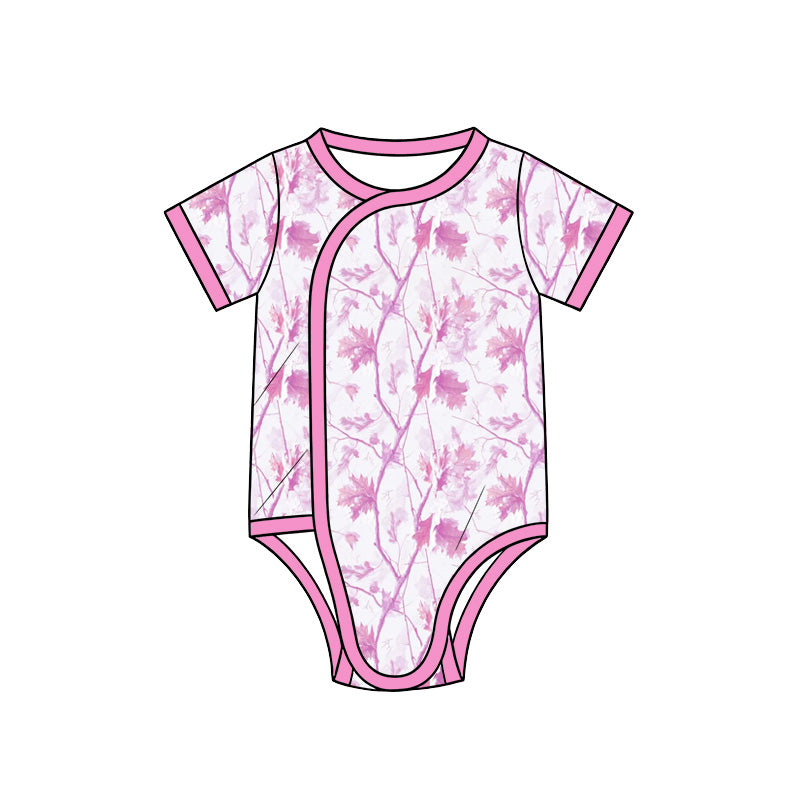 Preorder (moq 5) Baby Girl Clothes Pink Maple Leaf Tree Branch Camo Print Short Sleeve Side Snap Romper