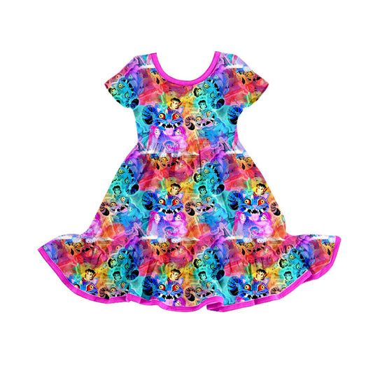 Preorder(moq 5) Baby Girls Short Sleeve Cartoon Girls Camo Ruffle Knee Length Dresses