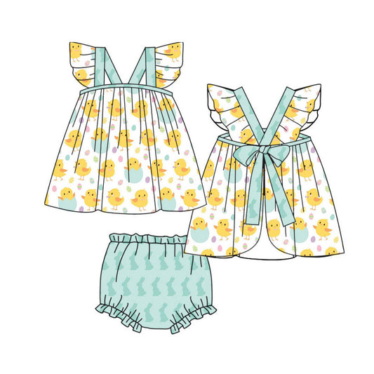 Preorder(moq 8)Baby Girls Chick Eggs Back Bow Tunic Bummier Easter Clothes Sets