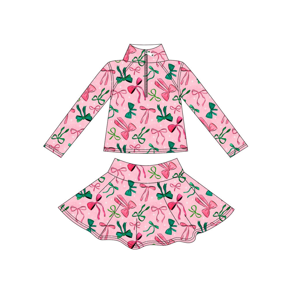 Preorder(moq 5) Baby Girls Red Green Bows Plaid Zipper Pullover Skirt Shorts Clothes Sets