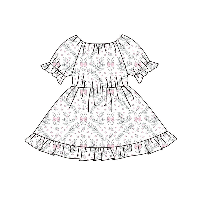 Preorder(moq 8)Baby Girls Pink Bows Rabbits Leopard Easter Ruffle Knee Length Dresses