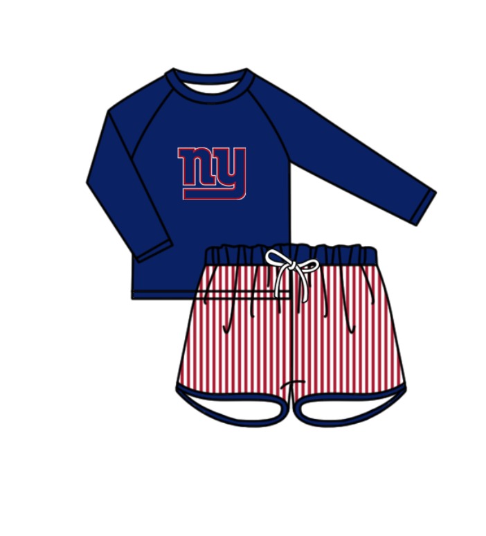 Preorder moq 5 Baby Boys Navy NY Long Sleeve Top Stripe Shorts Team Swimsuits