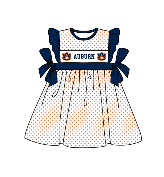 Preorder (moq 5)Baby Girls Flutter Sleeve Polka Dots AU Team Knee Length Dresses