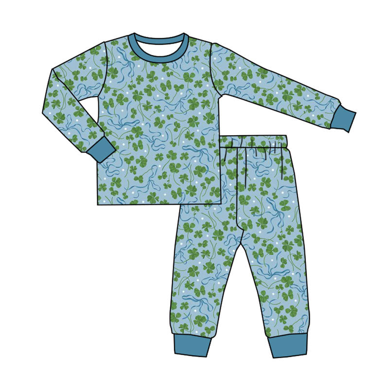 Preorder(moq 8)Baby Girls Clovers Plaid Top Pants St Patrick Pajamas Set