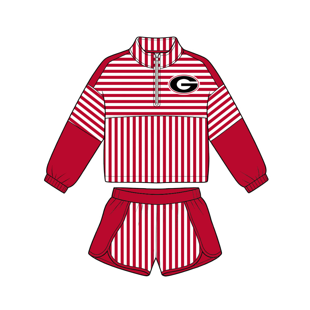Preorder (moq 5) Girls’ Team Red Striped Round-Neck Long-Sleeve Top & Matching Elastic-Waist Shorts 2-Piece Set