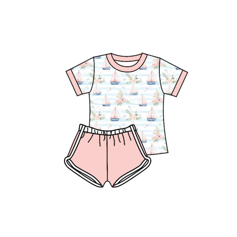 Preorder(moq 5) Baby Girls Flowers Boats Stripe Top Shorts Clothes Sets