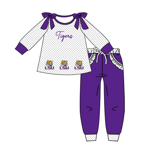 Preorder (moq 5)Baby Girls Polka Dots LSU Tigers Tunic Pockets Jogger Team Clothes Sets