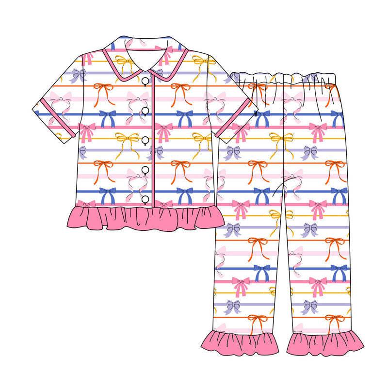 Preorder (moq 5)Baby Girls Colorful Bows Stripe Button Top Ruffle Pants Pajamas Sets