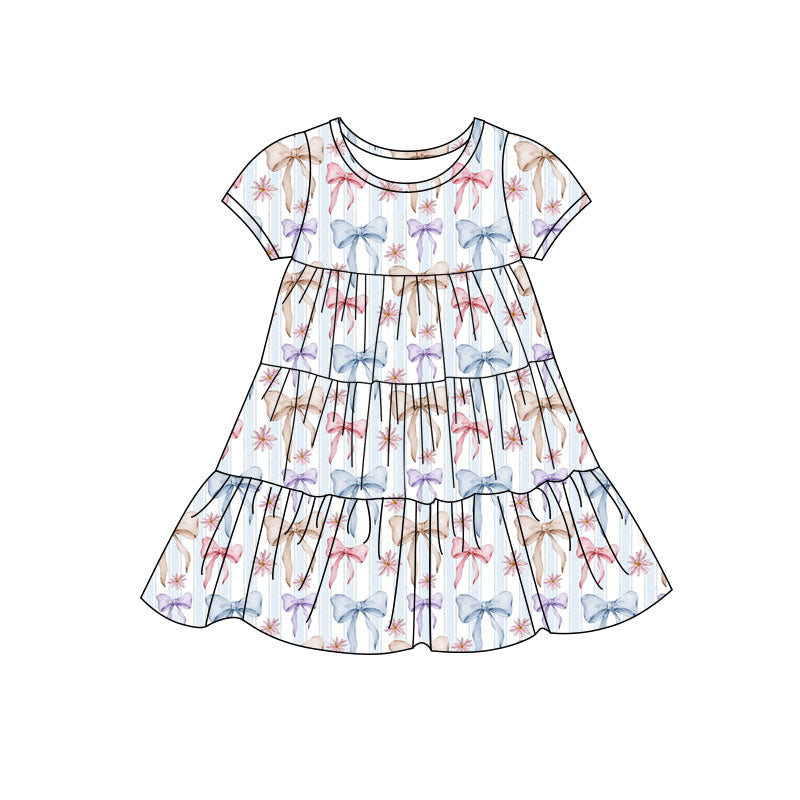 Preorder(moq 5) Baby Girls Colorful Bows Stripe Patchwork Ruffle Knee Length Dresses