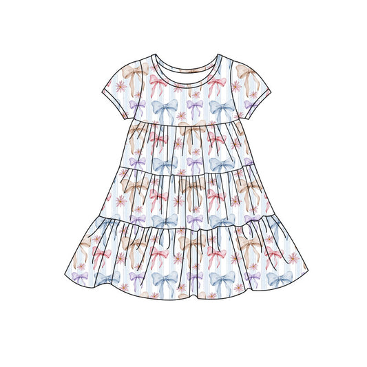 Preorder(moq 5) Baby Girls Colorful Bows Stripe Patchwork Ruffle Knee Length Dresses