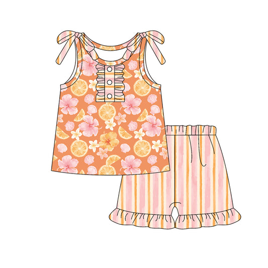 Preorder (moq 5)Baby Girls Orange Bows Sleeveless Button Lemons Flowers Top Ruffle Short Set