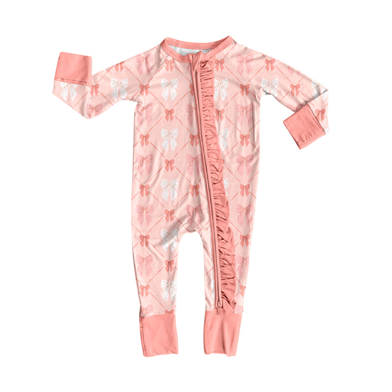 Preorder(moq 5)Baby Girls Coral Bows Ruffle Zipper Footie Rompers