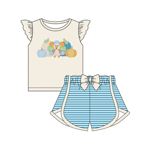 Preorder (moq 5)Baby Girls Light Pink Flutter Sleeves Turkey Pumpkins Top Blue Stripe Shorts Set