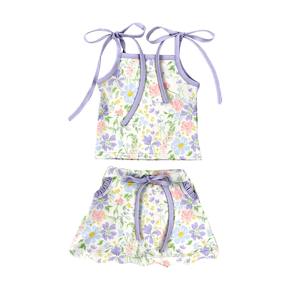 Preorder (moq 5)Baby Girls Colorful Flowers Top Pockets Scallop Skirt Shorts Swimsuits Clothes Set