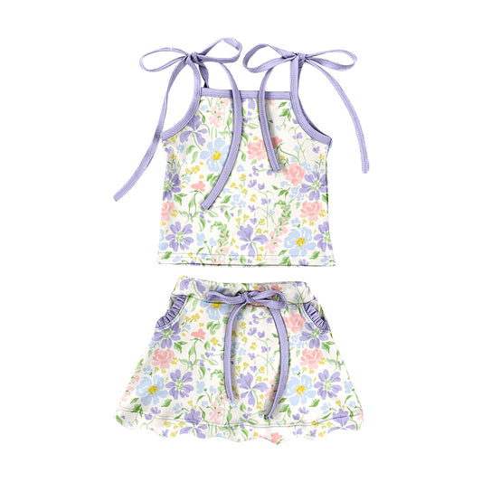 Preorder (moq 5)Baby Girls Colorful Flowers Top Pockets Scallop Skirt Shorts Swimsuits Clothes Set
