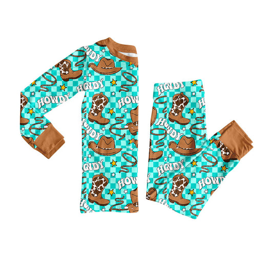 Preorder(moq 8)Baby Girls Aqua Checked Hats Boots Howdy Top Pants Western Pajamas Sets