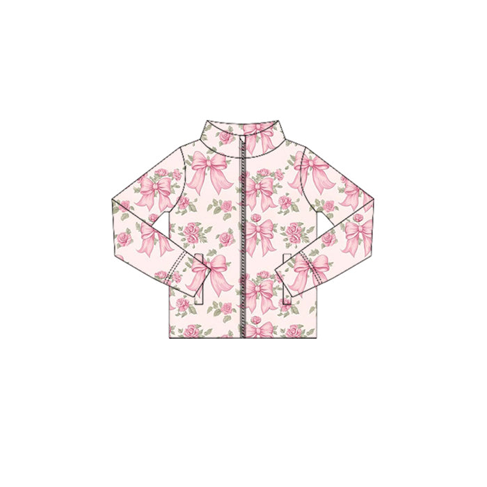 Preorder (moq 5)Baby Girls Long Sleeves Pink Flowers Bows Plaid Zipper Pockets Jackets Top