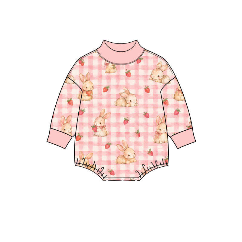 Preorder (moq 5) Baby Girl Clothes Strawberry Bunny Pink Gingham Print Long Sleeve Mock Neck Baby Bodysuit