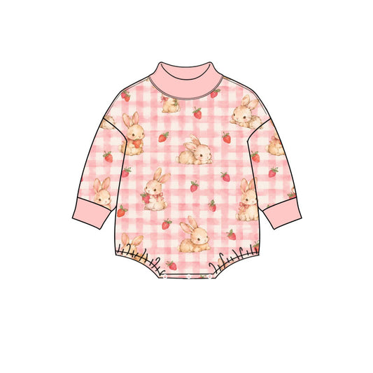 Preorder (moq 5) Baby Girl Clothes Strawberry Bunny Pink Gingham Print Long Sleeve Mock Neck Baby Bodysuit