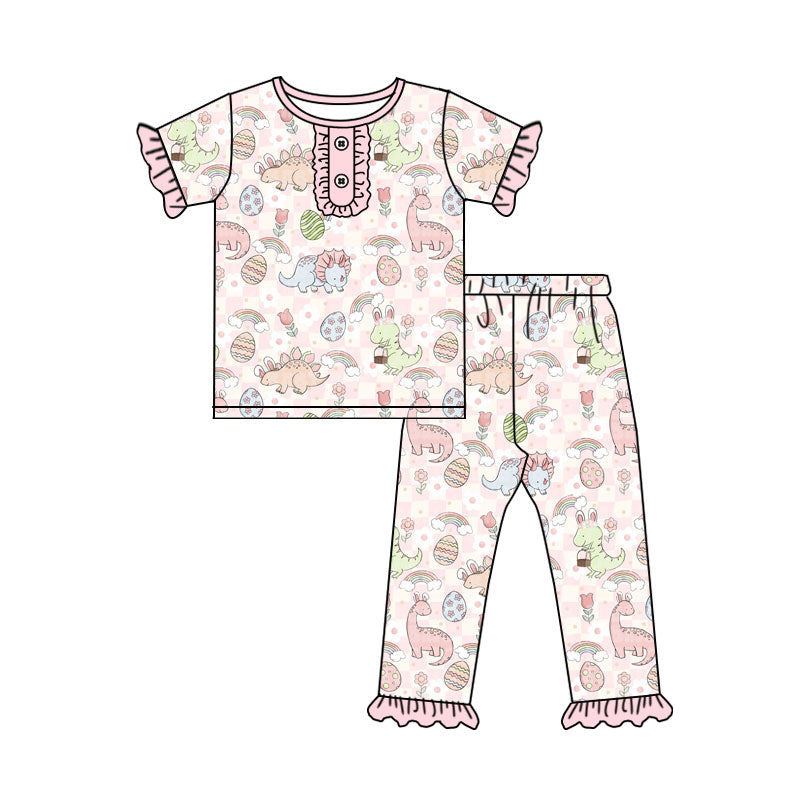 Preorder(moq 5) Baby Girls Pink Dinosaurs Eggs Button Top Ruffle Pants Easter Pajamas Sets