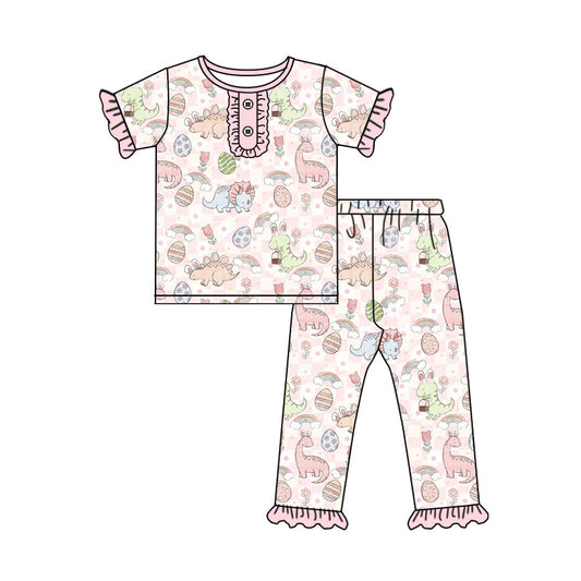 Preorder(moq 5) Baby Girls Pink Dinosaurs Eggs Button Top Ruffle Pants Easter Pajamas Sets