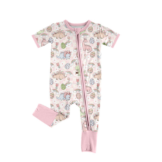 Preorder (moq 5)Baby Girls Pink Dinosaurs Eggs Easter Two Way Zip Convertible Rompers