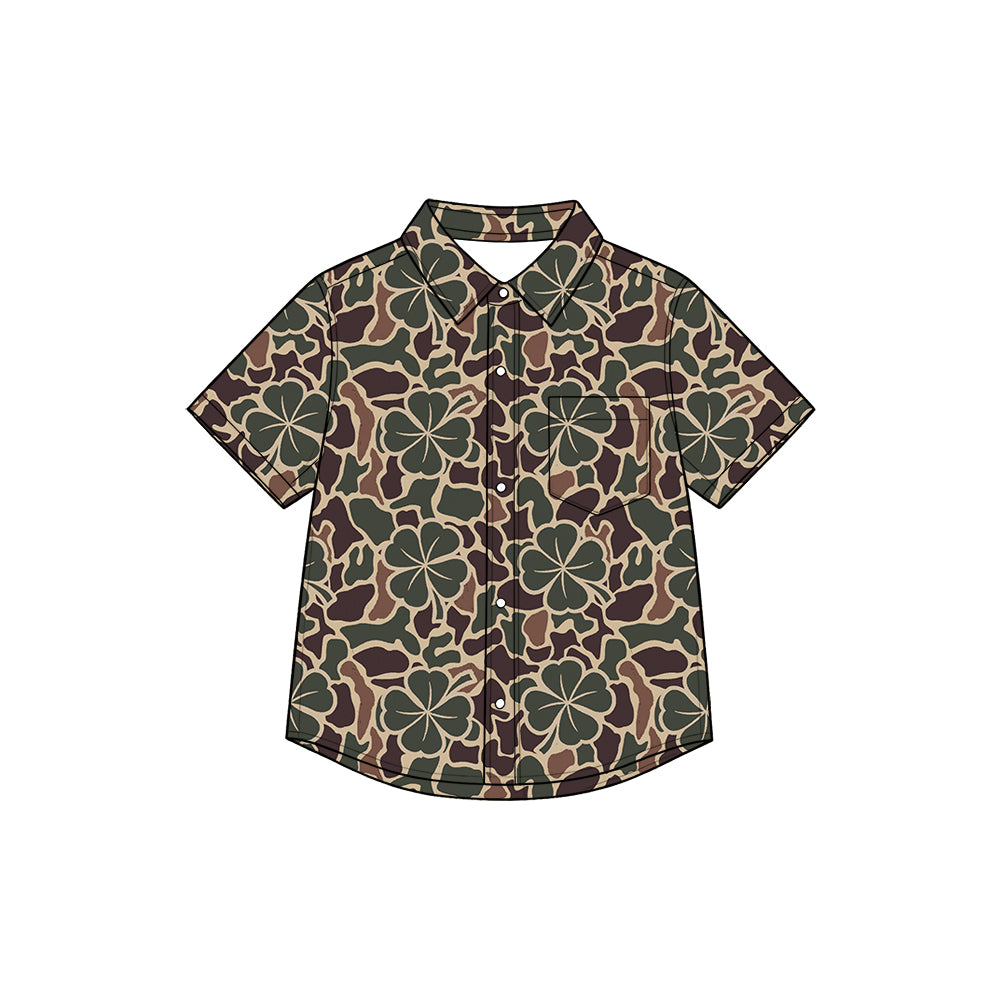 Preorder （moq 5）Baby Boys’ Green Brown Clover Camo Stripe Collared Button-Up Shirt