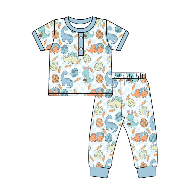 Preorder(moq 5) Baby Boys Blue Dinosaurs Eggs Button Top Pants Easter Pajamas Sets