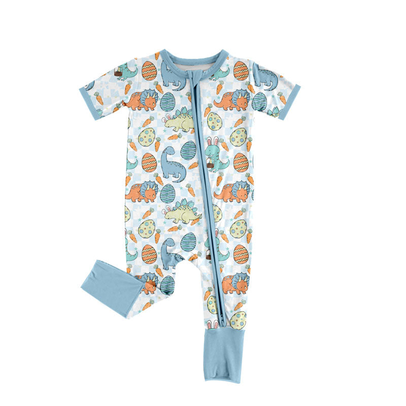 Preorder (moq 5)Baby Boys Blue Dinosaurs Eggs Easter Two Way Zip Convertible Rompers