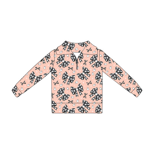 Preorder (moq 5)Baby Girls Long Sleeve Ghost Bows Halloween Zip Pullovers Top