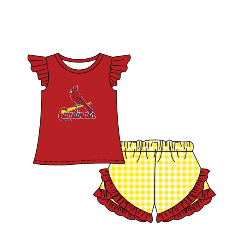 Preorder (moq 5)Baby Girls Cardinals Shirt Top Checked Ruffle Short Team Clothes Set