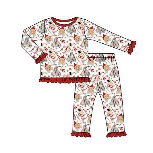 Preorder (moq 5)Baby Girls Long Ruffle Sleeves Snowman Trees Top Pants Pajamas Set