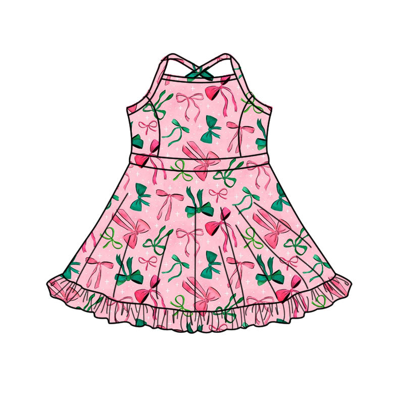 Preorder(moq 5) Baby Girls Strap Red Green Bows Plaid Shorts Ruffle Knee Length Dresses