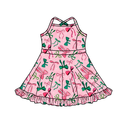 Preorder(moq 5) Baby Girls Strap Red Green Bows Plaid Shorts Ruffle Knee Length Dresses