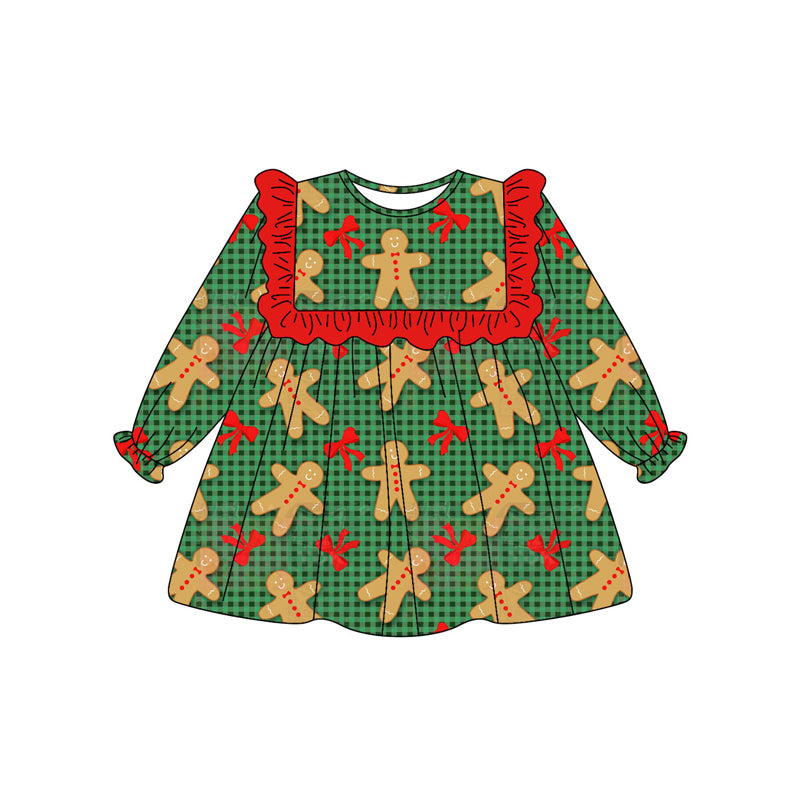 Preorder (moq 5)Baby Girls Green Checked Bows Gingerbread Christmas Knee Length Dress
