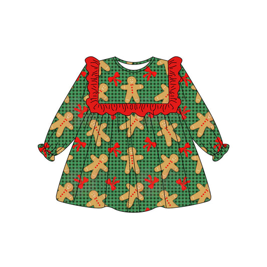 Preorder (moq 5)Baby Girls Green Checked Bows Gingerbread Christmas Knee Length Dress