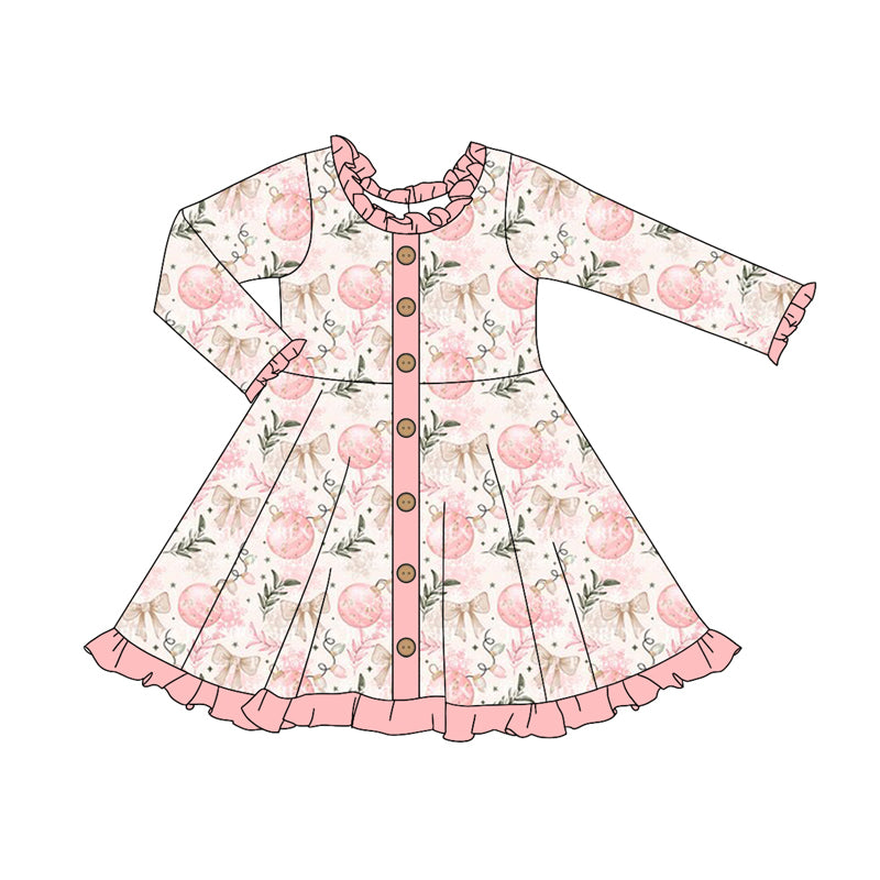 Preorder (moq 5)Baby Girls Long Sleeves Bows Lights Button Ruffle Knee Length Dresses